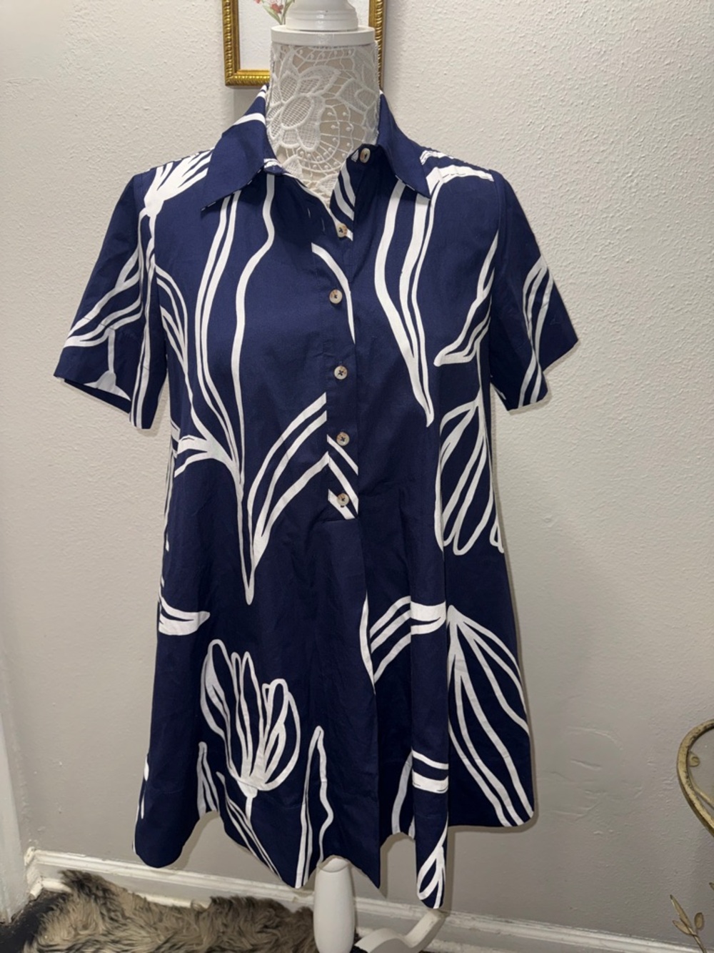 Anthropologie Navy and White Button-Front Floral Midi Dress